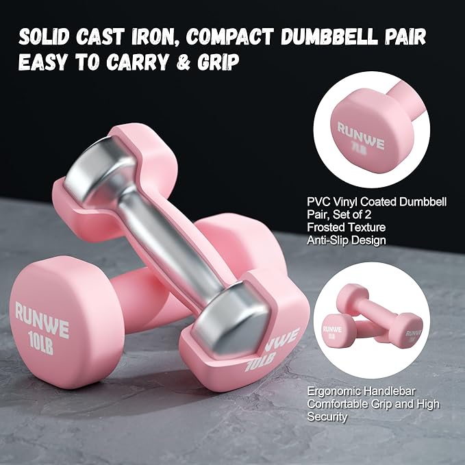 RUNWE Dumbbells Set of 2 - Cast Iron Dumbbell Pairs Options for 1 3 5 7 OR 10 LB Each, Hand Weights Sets Exercise & Fitness Dumbbell Free Weights for Child, Women, Men (Sold in One Pair Not All Sets)