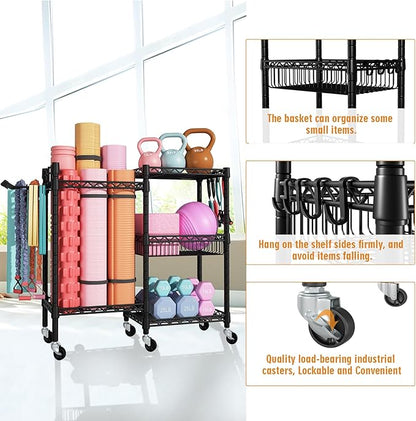 S2 Home Gym Storage, Rolling Yoga Mat Storage and Organizer, Sport Equipment Rack for Dumbbells, Kettlebells, Foam Rollers, Resistance Bands, 11.8" D x 36" W x 32.5" H, Black