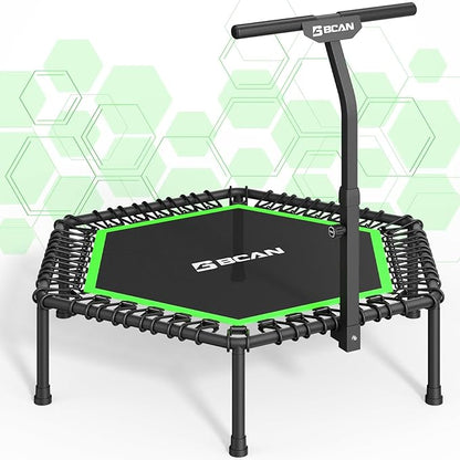 BCAN 48"/51" Mini Trampoline, 450/550 LBS Fitness Trampoline with T-Adjustable Handle Bar, Bungees, Stable & Quiet Exercise Rebounder for Adults Indoor/Garden Workout-Green