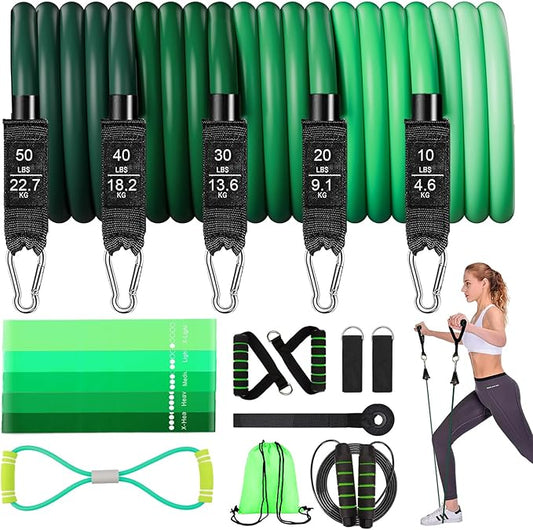 18Pcs Resistance Bands Set for Women, 5 Stackable Exercise with Handles, Loop Bands, Jump Rope, Figure 8 Band, Ideal Home, Gym Fitness, Yoga, Full Body Workout