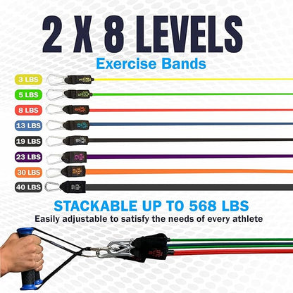 Bodylastics Resistance Band Set - Resistance Bands with Handles, Ankle Straps, Door Anchor, Carry Bag - Heavy-Duty Stretch Exercise Bands -Patented Clips and Snap Reduction Tech -Fitness Workout Bands