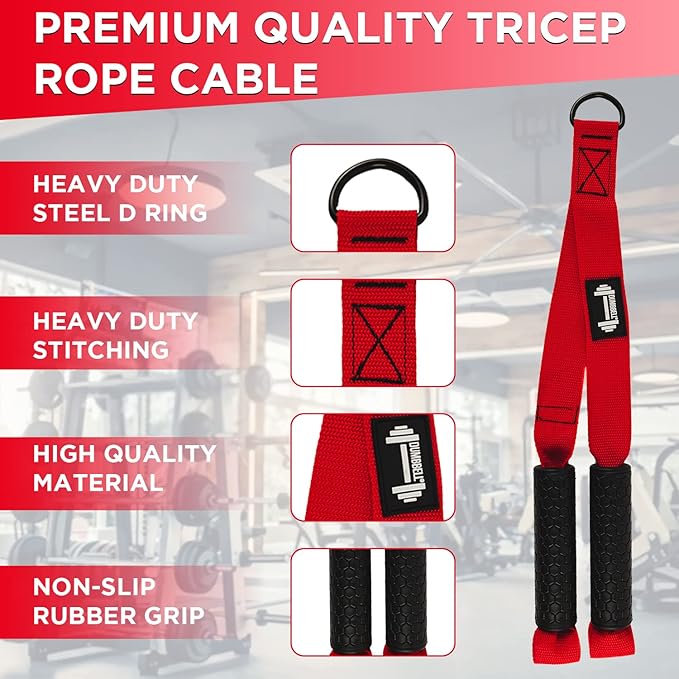 DUMBBELL Triceps Rope Cable Attachment Triceps Pull Down Rope for Gym & Home Durable Sturdy & Safe Triceps Rope for Working Out Ergonomic Non Slip Rubber Grip Triceps Rope with Handles (Red 19in)