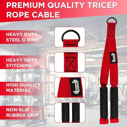 DUMBBELL Triceps Rope Cable Attachment Triceps Pull Down Rope for Gym & Home Durable Sturdy & Safe Triceps Rope for Working Out Ergonomic Non Slip Rubber Grip Triceps Rope with Handles (Red 19in)