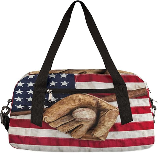 Vintage Ball Baseball American Flag Gym Bag for Women Men, Small Travel Duffel Bag for Sports Getaway Overnight Bag Lightweight Weekender Bags Workout Bag Dance Bag for Boys Girls Kids Teens