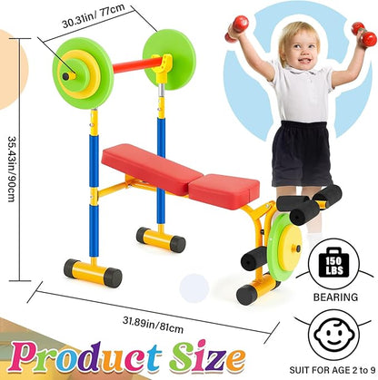 Meooeck Kids Weight Bench Set Fitness Exercise Equipment for Kids Toddler Adjustable Sports Exercise Equipment with Weights Foam Tray and Bar for Beginners Children Toddler Indoor Outdoor Sport