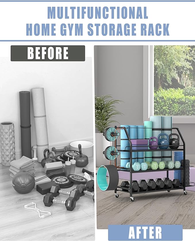 Yoga Mat Storage Rack, Home Gym Workout Accessories Organizer, Sporting Goods Storage with Baskets and Hooks, Yoga Mats, Dumbbell, Resistant Band, and other Workout Equipment Holder