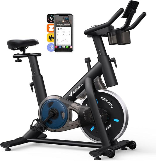 MERACH Exercise Bike, Brake Pad/Magnetic Stationary Bike with Exclusive App, Low Noise Indoor Cycling Bike with 270lbs Weight Capacity, Dumbbell Rack and Free Fitness Courses