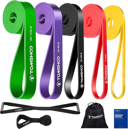 TOMSHOO 5 Packs Pull up Assist Bands, Resistance Bands with Straps Handles and Door Anchor, Stretch Bands,Exercise Bands with Guide for Fitness