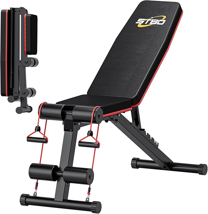 Adjustable Folding Weight Bench,Foldable Incline Decline Workout Bench Sit Up Bench with Resistance Band,Multifunctional Bench Home Gym Equipment for Full Body Workout