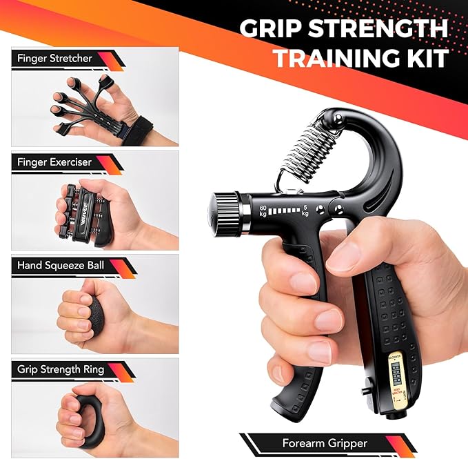 Grip Strength Trainer Set 5 Pack with Hand Grip Strengthener Electronic Counting, Forearm Strengthener, Finger Exerciser, Stress Relief Ball, and Forearm Workout Ring for Hand Therapy