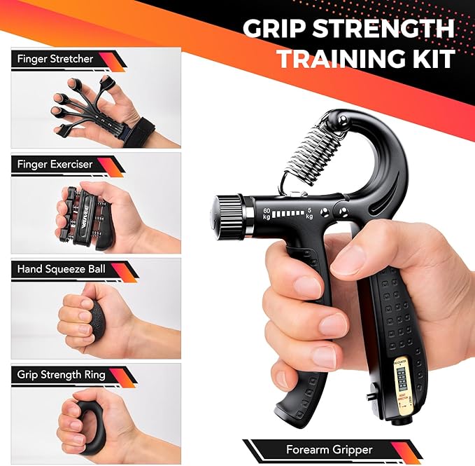 Grip Strength Trainer Set 5 Pack with Hand Grip Strengthener Electronic Counting, Forearm Strengthener, Finger Exerciser, Stress Relief Ball, and Forearm Workout Ring for Hand Therapy