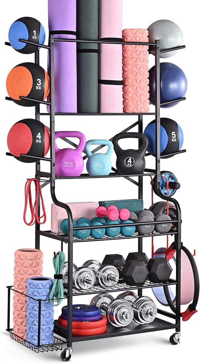 Mythinglogic Yoga Mat Storage Racks,Home Gym Storage Rack for Dumbbells Kettlebells Foam Roller, Yoga Strap and Resistance Bands, Workout Equipment Storage Organizer With Hooks and Wheels