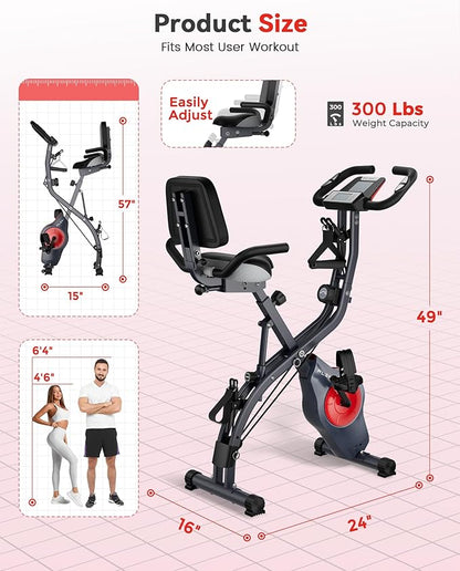 Folding Exercise Bike, Indoor Stationary Bike 16-Level Magnetic Resistance with Arm Resistance Band, Back Support Cushion Workout Bike for Home Workout Gym