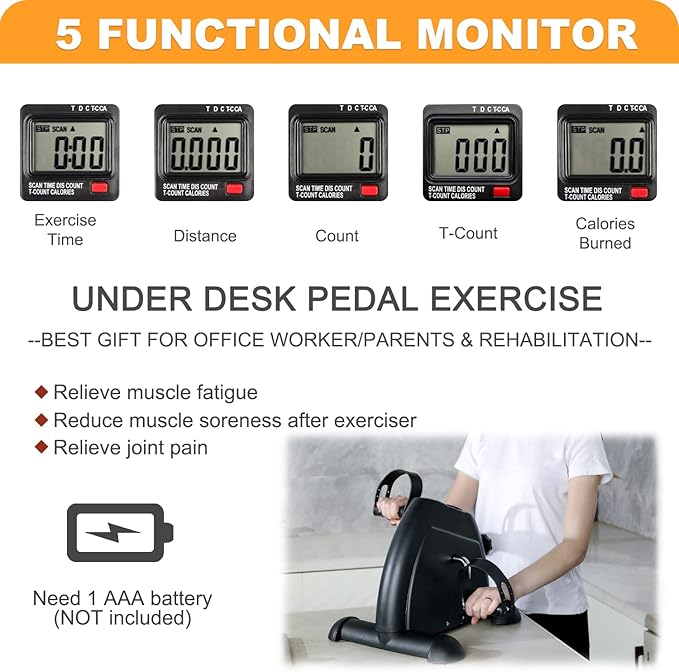 Under Desk Bike Pedal Exerciser - Portable Mini Exercise Bike Desk Cycle for Legs/Arms Exercise, Foot Pedal Exerciser for Seniors with LCD Screen Display