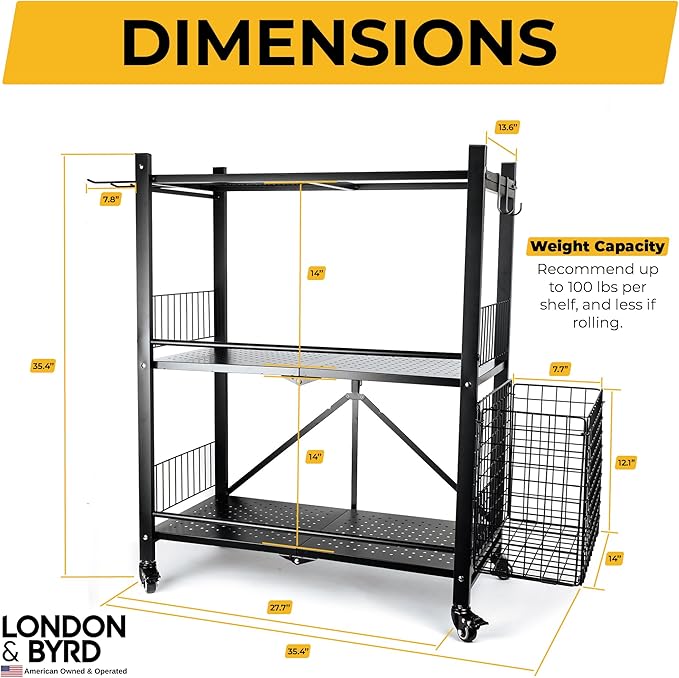 London & Byrd - Assemble in Minutes - Home Gym Storage Rack. Steel Construction, Heavy Duty Wheels, with Basket and Hooks. Great for Yoga mat Storage, Kettlebell Storage, and Small Dumbbell Storage.