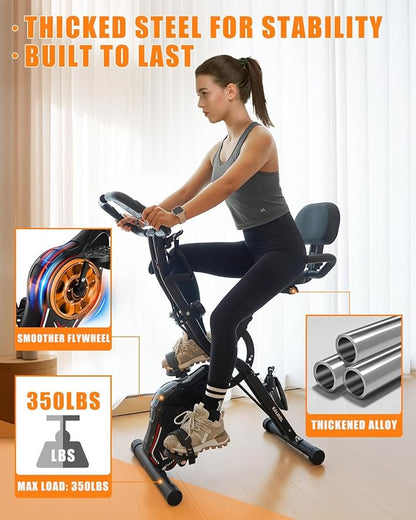 Folding Exercise Bike, 5-in-1 Foldable Stationary Bike Upgraded 16-Level Magnetic Resistance 10DB Near-Silent Bike Upright Indoor Cycling Bike with 350LB Capacity