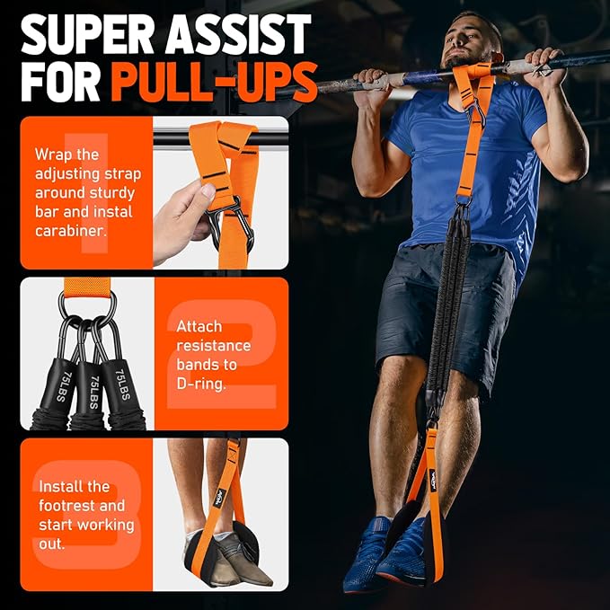 Pull Up Assistance Bands, Heavy Duty Assisted Pull Up Bands for Pull Up Assist, Adjustable Weight/Size with Fabric Feet Mats, Upgrade Pull Up Assist Bands for Strength Training