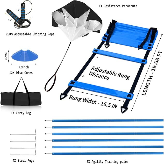 Agility Ladder Speed Training Equipment Set-20ft Agility Ladder, 6 Agility Poles, 12 Soccer Cones, Running Parachute, Jump Rope| Basketball Football Soccer Training Equipment for Kids Youth Adults