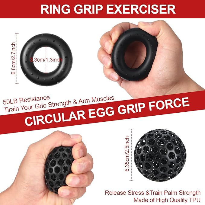 Hand Grip Strengthener Workout Kit with Finger Exerciser, Adjustable Resistance Hand Gripper,Stress Relief Ball and Forearm Workout Ring for Muscle Building and Injury Recover