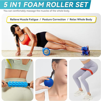 5 in 1 Foam Roller Set for Deep Tissue Muscle Massage, High Density Trigger Point Fitness Patented Exercise Foam Roller, Massage Roller, Massage Ball, Resistance Band, for Whole Body