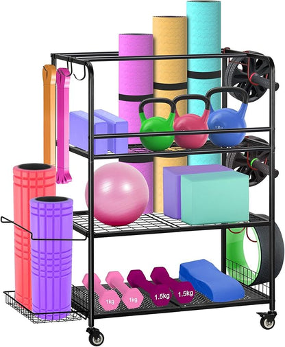 HEOMU Yoga Mat Storage Rack, Home Gym Storage Rack for Dumbbells Kettlebells, Gym Organizer Gym Equipment Storage Cart with Wheels and Hooks, Black