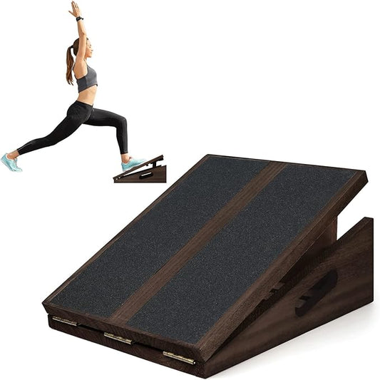 Professional Slant Board Calf Stretcher: Adjustable Incline Stretch Squat Wedge, Posture Board Wooden Physical Therapy Equipment, Non Slip Achilles Stretcher with Extra Side Handle - Walnut Color