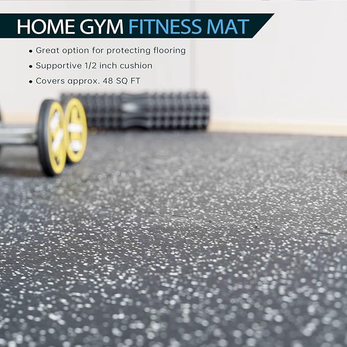 0.56 Inch Thick Gym Flooring for Home Gym with Rubber Top - 48 Sq Ft Interlocking Gym Floor Tiles - Workout Equipment Vibration Reduction Mats - 12 Pcs 24 x 24in Tile, Black & Blue