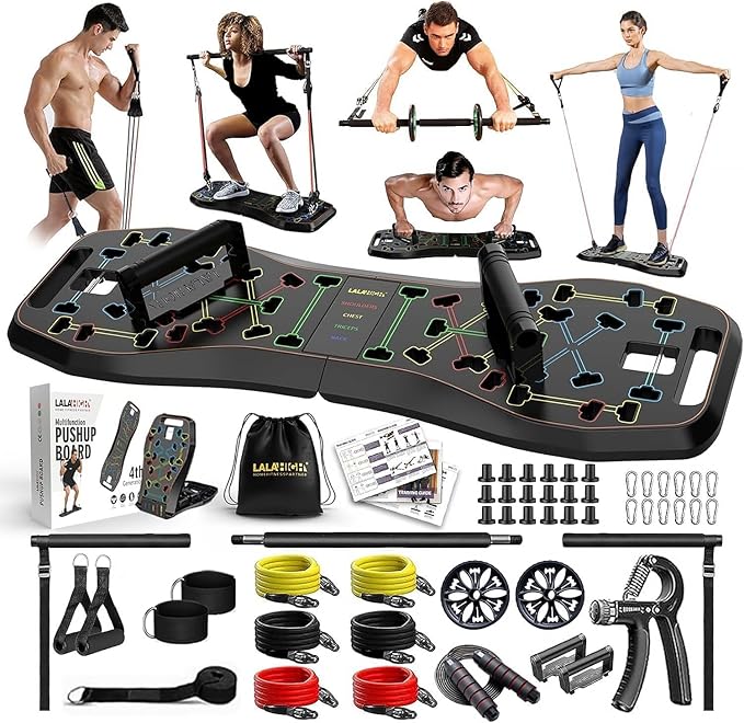 LALAHIGH Portable Home Gym System: Large Compact Push Up Board, Pilates Bar & 20 Fitness Accessories with Resistance Bands Ab Roller Wheel - Full Body Workout for Men and Women, Gift for Boyfriend