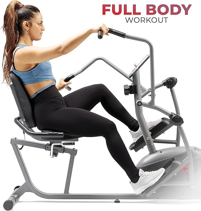 Sunny Health & Fitness Compact Performance Recumbent Bike with Dual Motion Arm Exercisers, Quick Adjust Seat & Optional Exclusive SunnyFit App Enhanced Bluetooth Connectivity