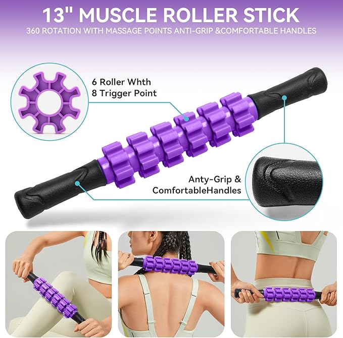 5 in1 Foam Roller Set, High Density Deep Tissue Massager for Muscle Massage, Massage Roller, Massage Ball, Resistance Band for Whole Body Physical Therapy Deep Muscle Massage (Purple)