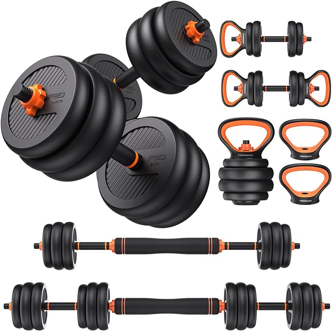 FEIERDUN Adjustable Dumbbells, 20/30/40/50/60/70/90lbs Free Weight Set with Connector, 4 in1 Dumbbells Set Used as Barbell, Kettlebells, Push up Stand, Fitness Exercises for Home Gym Suitable Men/Women