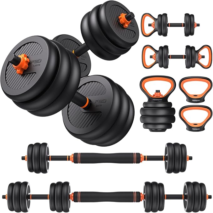 FEIERDUN Adjustable Dumbbells, 20/30/40/50/60/70/90lbs Free Weight Set with Connector, 4 in1 Dumbbells Set Used as Barbell, Kettlebells, Push up Stand, Fitness Exercises for Home Gym Suitable Men/Women