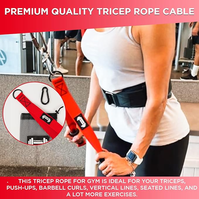 DUMBBELL Triceps Rope Cable Attachment Triceps Pull Down Rope for Gym & Home Durable Sturdy & Safe Triceps Rope for Working Out Ergonomic Non Slip Rubber Grip Triceps Rope with Handles (Red 19in)