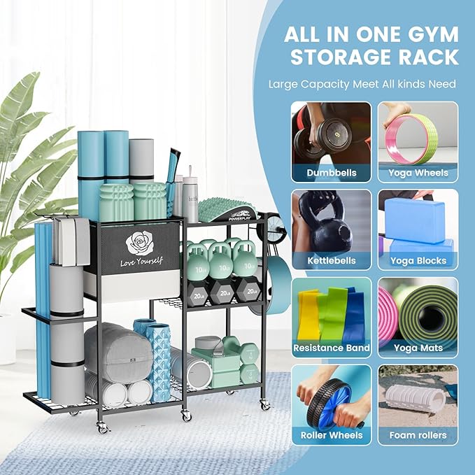 Yoga Mat Storage Rack，Home Gym Storage Rack Gym Workout Equipment Storage Organizer Fitness Weight Rack on Wheels for Yoga Mat,Yoga Block,Foam Roller,Resistance Band,Dumbbell,Kettlebell and Other Workout Accessories