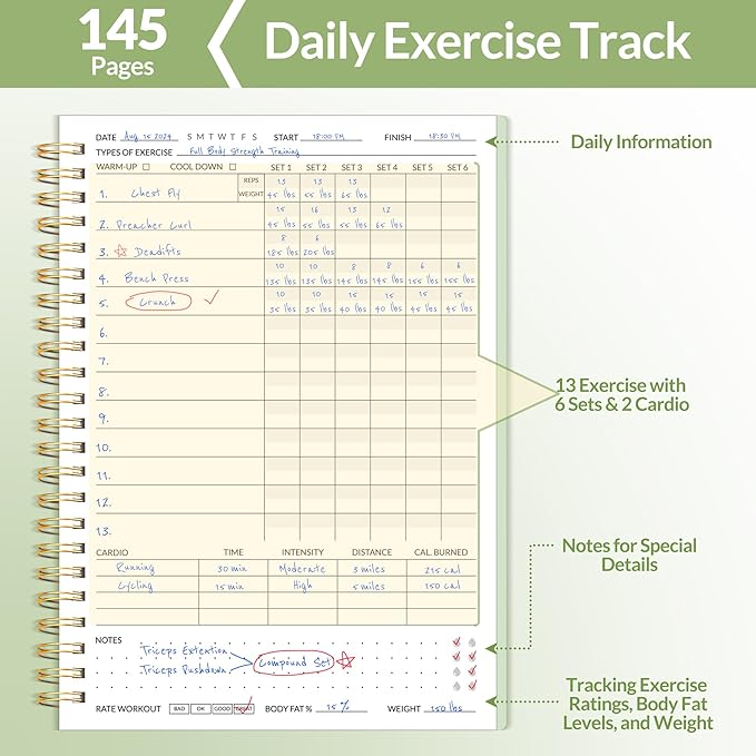 Fitness Journal Workout Planner for Men & Women, A5(6.4" x 8.3") Workout Journal Log Book Planner for Track Gym Essentials, Home Workouts, Track Progress, Achieve Goals, Green