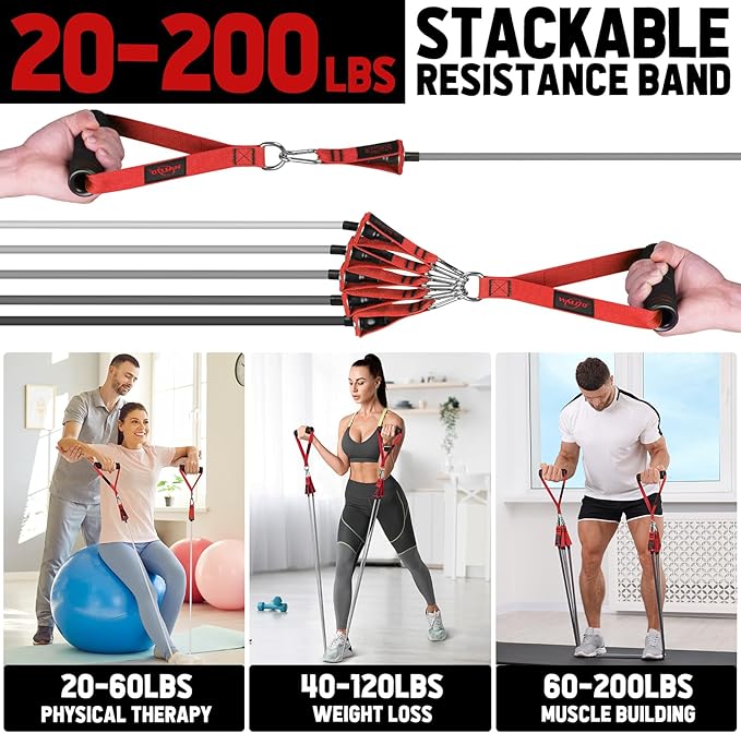 WALITO Resistance Bands Set - Exercise Bands with Handles, Door Anchor, Legs Ankle Straps, for Heavy Resistance Training, Physical Therapy, Muscle Training, Yoga, Home Workouts