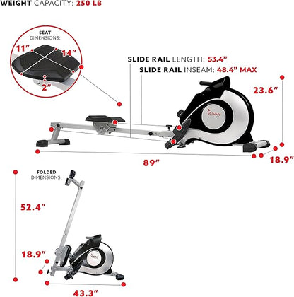 Sunny Health & Fitness Magnetic Rowing Machine with 53.4" Extended Slide Rail, Full-Body Workout, Low-Impact, Ergonomic Full Motion or Premium Water Motion and Optional Exclusive SunnyFit App