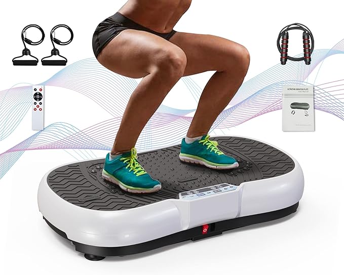 Bigzzia Vibration Plate Exercise Machine 10 Modes Whole Body Workout Vibration Fitness Platform w/ Loop Bands Jump Rope Bluetooth Speaker Home Training Equipment for Weight Loss & Toning