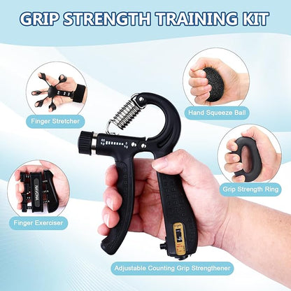 10 Pack Grip Strength Trainer Kit, Hand Grip Strengthener, Finger stretching exercises, Grip Ring, Stress Relief Ball, Adjustable Forearm workout trainer for Muscle Building and Injury Recover