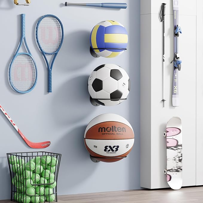 Basketball Holder Wall Mount - Football Wall Mount for Display, Basketball Storage Rack for Balls, Ball Holder as Sports Room Decor, Boys Room Accessories Soccer Wall Decor