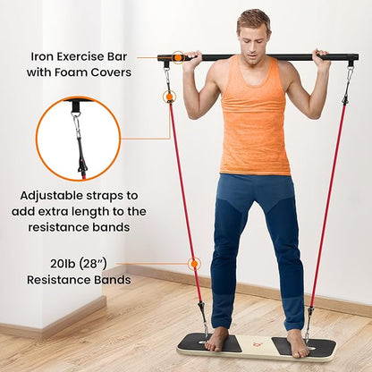 Portable Home Gym, Strength Training Set with Hybrid Balance/Pushup Board, Resistance Bands, and Exercise Bar for Chest, Triceps, Shoulders, At-Home Workout for Men and Women