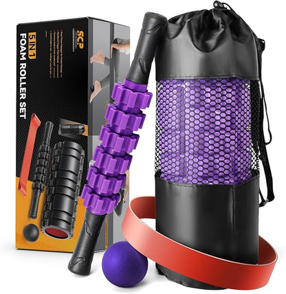 SUBCULTUREPICK5 in 1 Foam Roller Set for Deep Tissue Muscle Massage, Trigger Point Fitness Patented Exercise Foam Roller, Massage Roller, Massage Ball, Stretching Strap, for Whole Body (Purple)