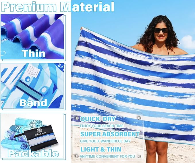 Lightweight Thin Microfiber Beach Towel Sand Free Quick Dry Absorbent Compact Soft Pool Swim Travel Towels Extra Large Oversized Beach Accessories Packable Essentials Stuff Gifts for Adult