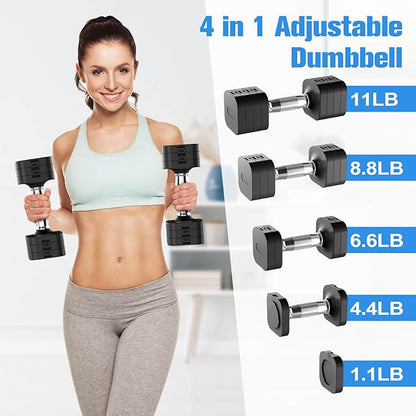 Adjustable Dumbbells Set of 2, Adjustable Weight Dumbbells with 4 Levels 4.4lb, 6.6lb, 8.8lb, 11lb, Hand Weights Sets for Women/Men Home Gym Full Body Workout