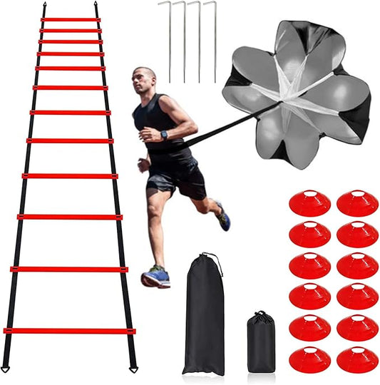 Pro Speed & Agility Training Set—Includes 12 Rung 20ft Adjustable 12 Disc 4 Steel 1 Resistance