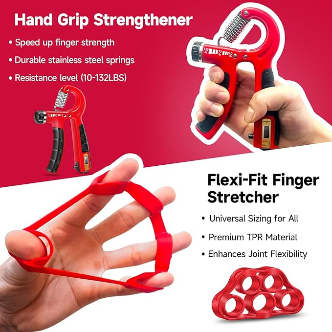 FitBeast Hand Grip Strengthener Workout Kit (5 Pack), 2 Forearm Grip Adjustable Resistance Hand Gripper, Finger Stretcher, Grip Ring & Stress Relief Grip Ball for Athletes