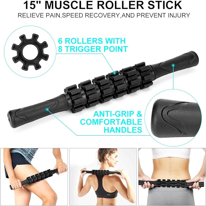 Foam Roller Set - High Density Back Roller, Muscle Roller Stick,2 Foot Fasciitis Ball, Stretching Strap, Massage Ball for Whole Body Physical Therapy & Exercise, Yoga, Back Pain, Leg, Deep Tissue