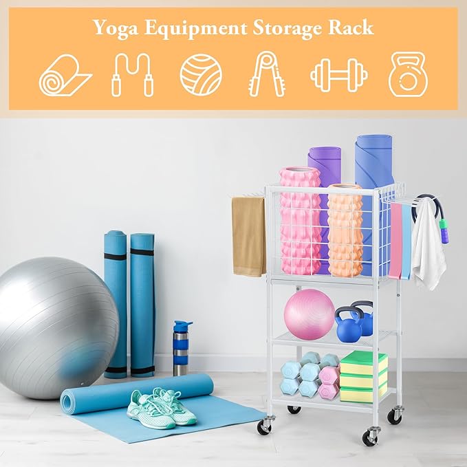 Weight Rack for Home Gym, Workout Equipment Storage Organizer, Home Gym Yoga Mat Storage Rack, Weight Storage Racks with Hooks, Yoga Mat Holder with Wheels for Yoga Block, Dumbbell, Resistance Band