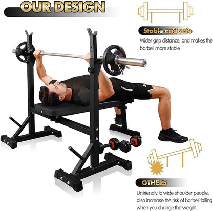 Bench Press, CANPA Olympic Weight Bench with Squat Rack Workout Bench Adjustable Barbell Rack Stand Strength Training Home Gym Multi-Function