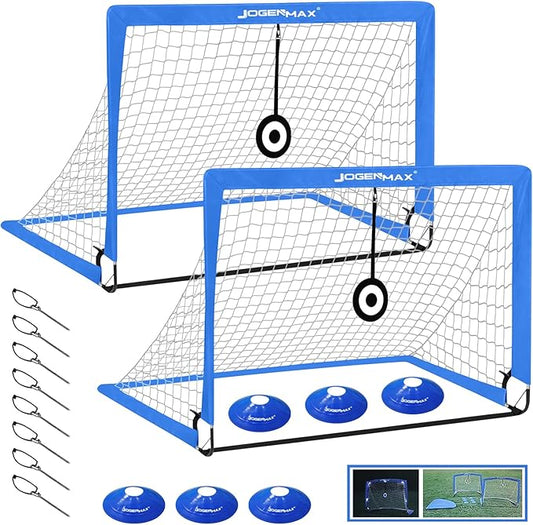 Portable Kids Soccer Goal, Pop Up Goal Nets with Led Lights,Set of 2, with Agility Training Cones, Carry Case Gift for Kids Teen Boy & Adults Size 4‘X3’(Blue)